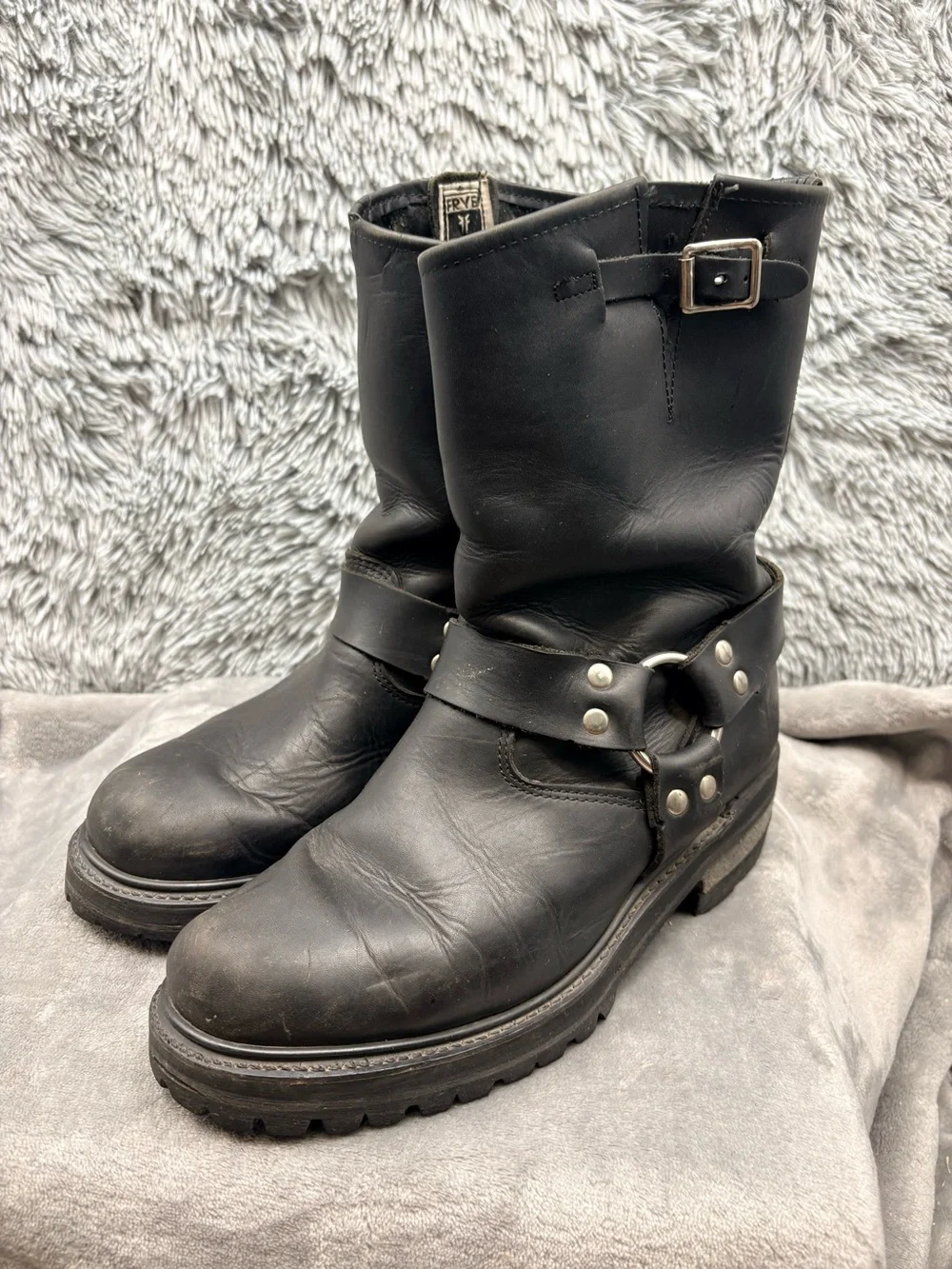 Frye Lug Harness Boots Men 9 Black Leather Vibram Mid Calf Adjustable Top Collar
